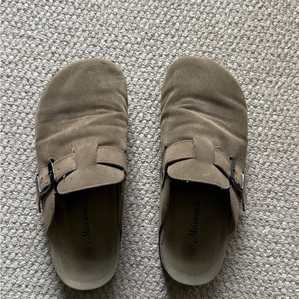 Suede Slip-On Clogs with Buckle